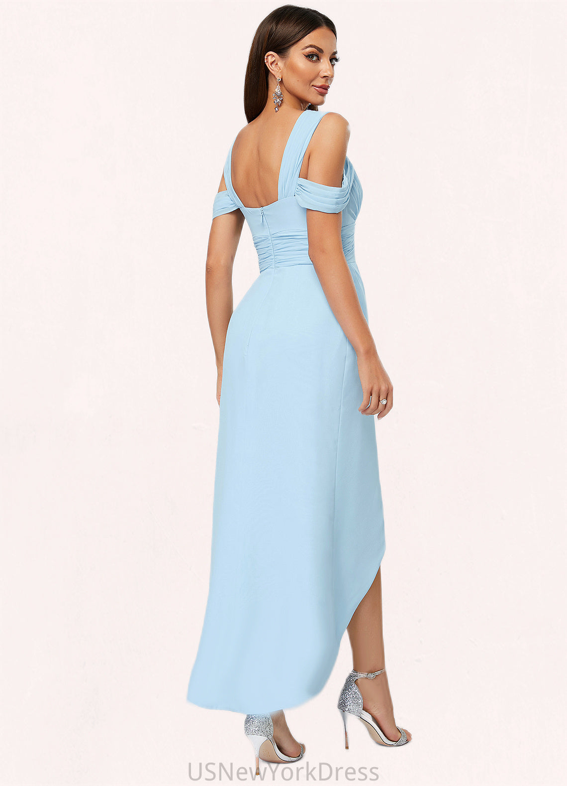 Hana Sheath/Column Cold Shoulder Asymmetrical Chiffon Cocktail Dress With Ruffle DJP0022462