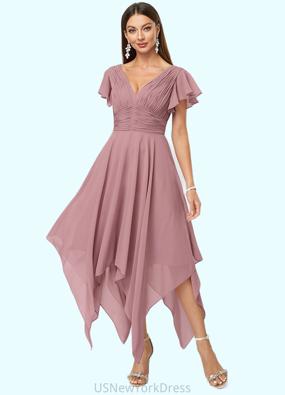 Annabelle A-line V-Neck Ankle-Length Chiffon Cocktail Dress With Ruffle DJP0022486