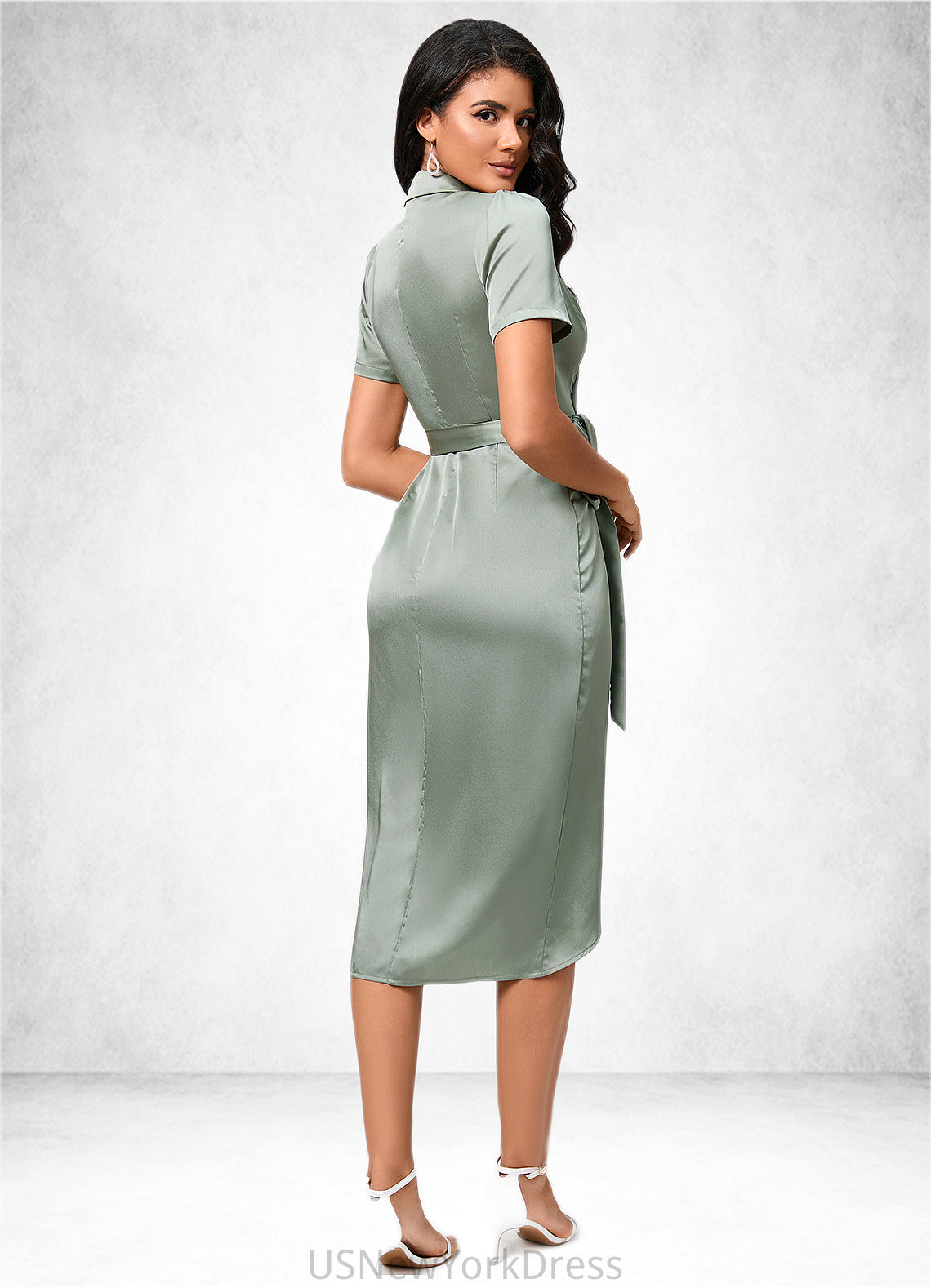 Allisson Sheath/Column V-Neck Asymmetrical Satin Cocktail Dress With Bow DJP0022488