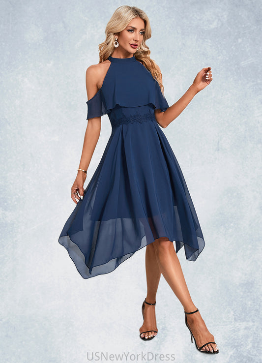 Elise Appliques Lace Off the Shoulder Elegant A-line Chiffon Asymmetrical Dresses DJP0022489