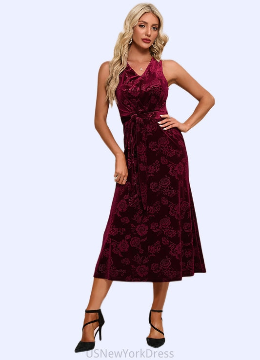 Rhianna Flower V-Neck Elegant A-line Velvet Midi Dresses DJP0022504