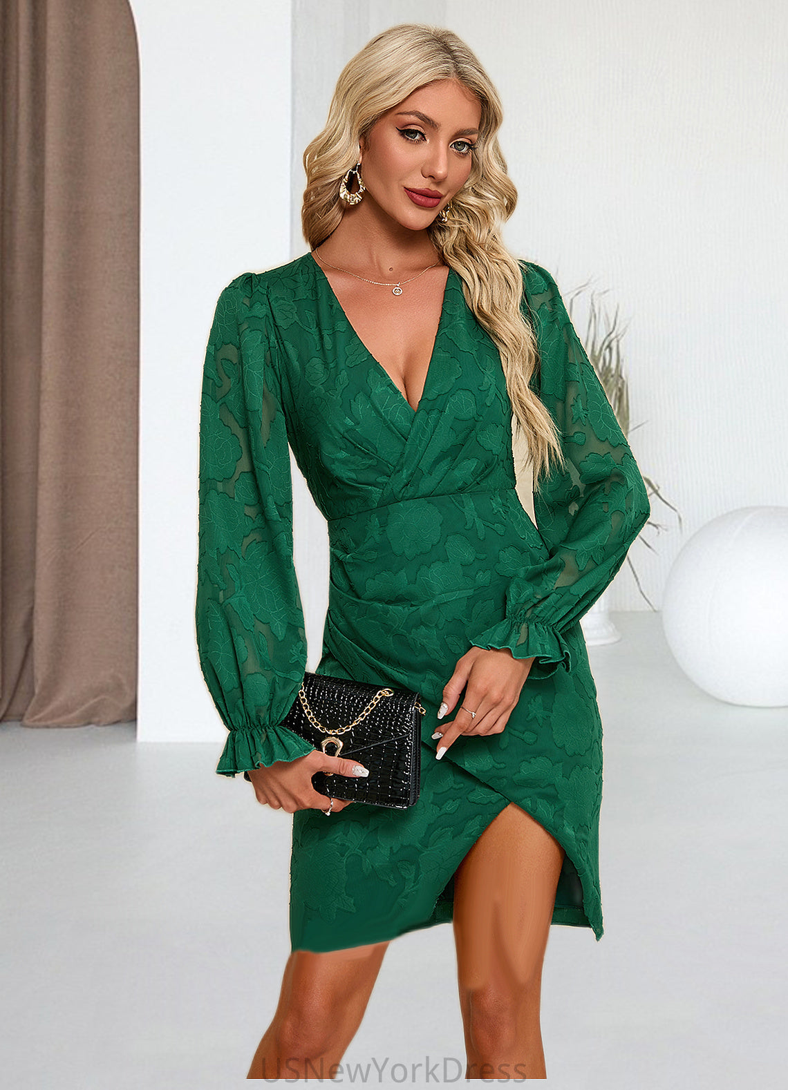 Mallory V-Neck Elegant Sheath/Column Chiffon Jacquard Asymmetrical Dresses DJP0022505