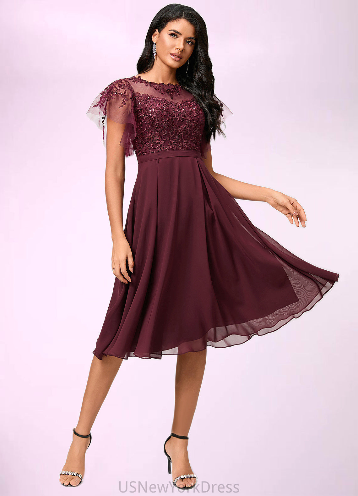 Valeria A-line Illusion Knee-Length Chiffon Cocktail Dress With Sequins DJP0022512