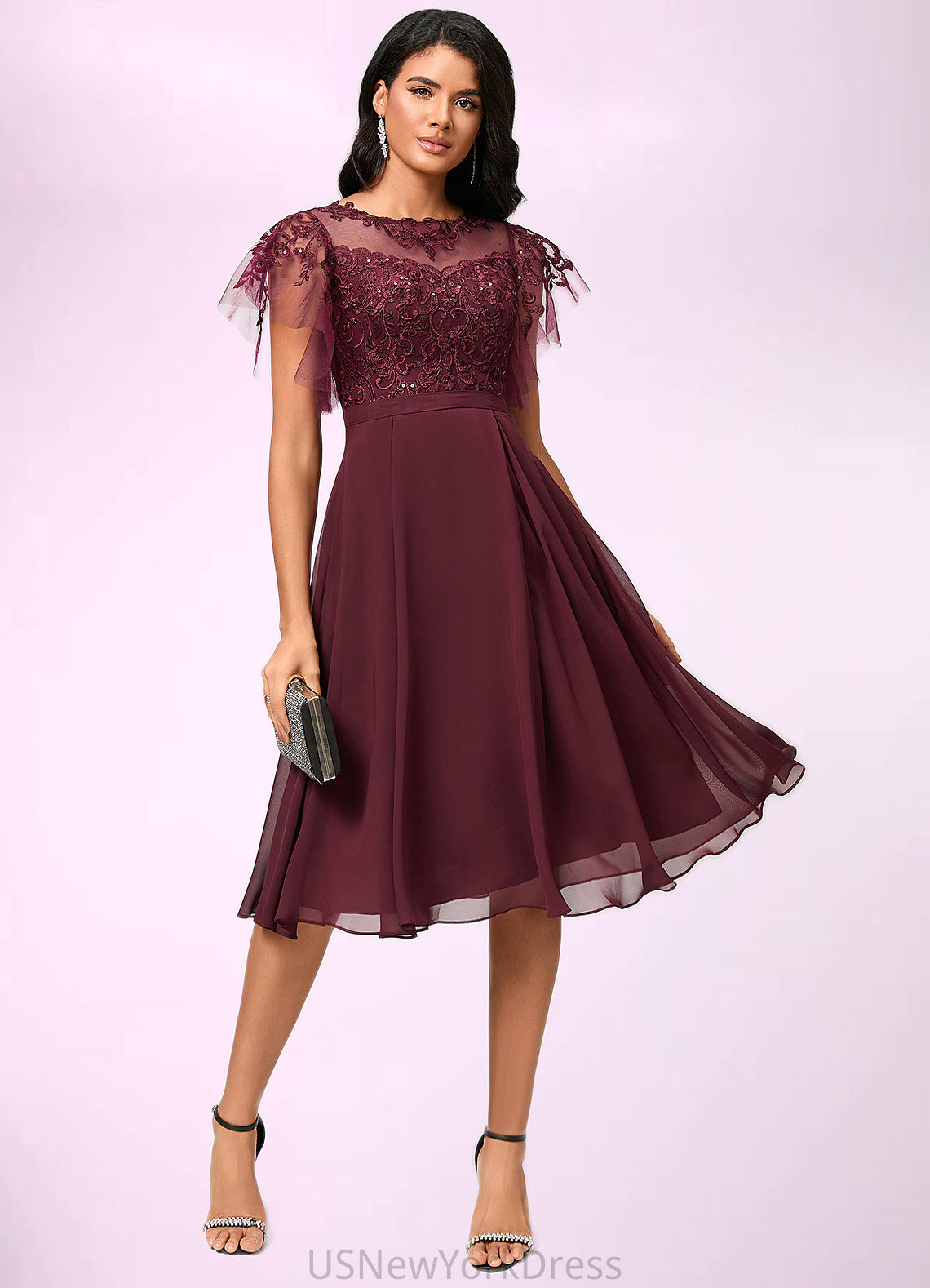 Valeria A-line Illusion Knee-Length Chiffon Cocktail Dress With Sequins DJP0022512