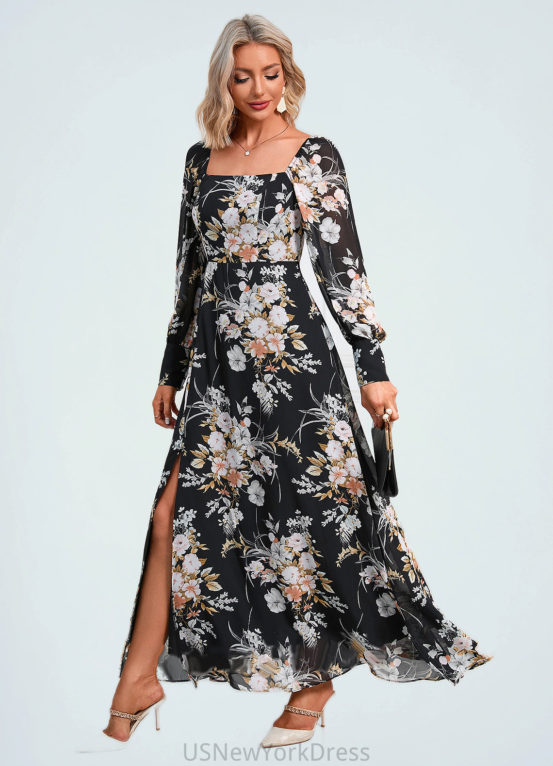 Belen Floral Print Off the Shoulder Elegant A-line Chiffon Maxi Dresses DJP0022515