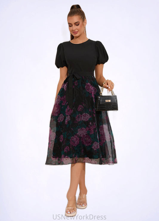 Carley Floral Print Scoop Elegant A-line Organza Midi Dresses DJP0022527