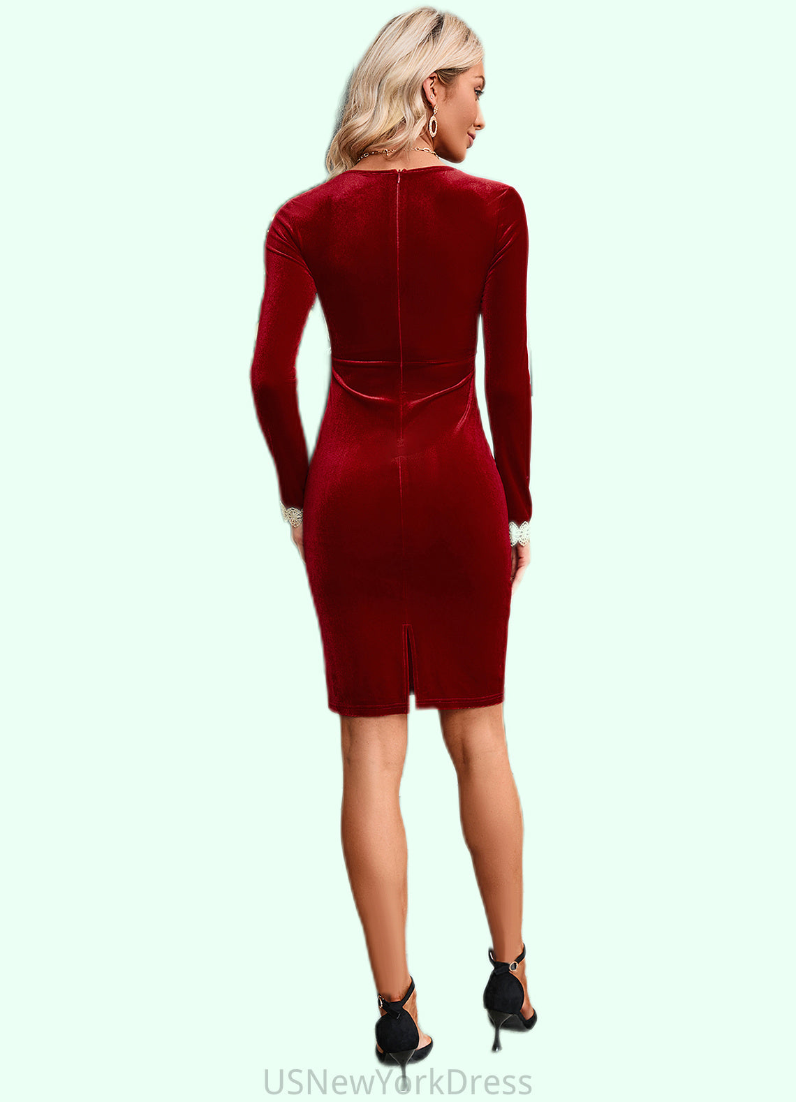 Mattie Appliques Lace V-Neck Elegant Bodycon Velvet Mini Dresses DJP0022560