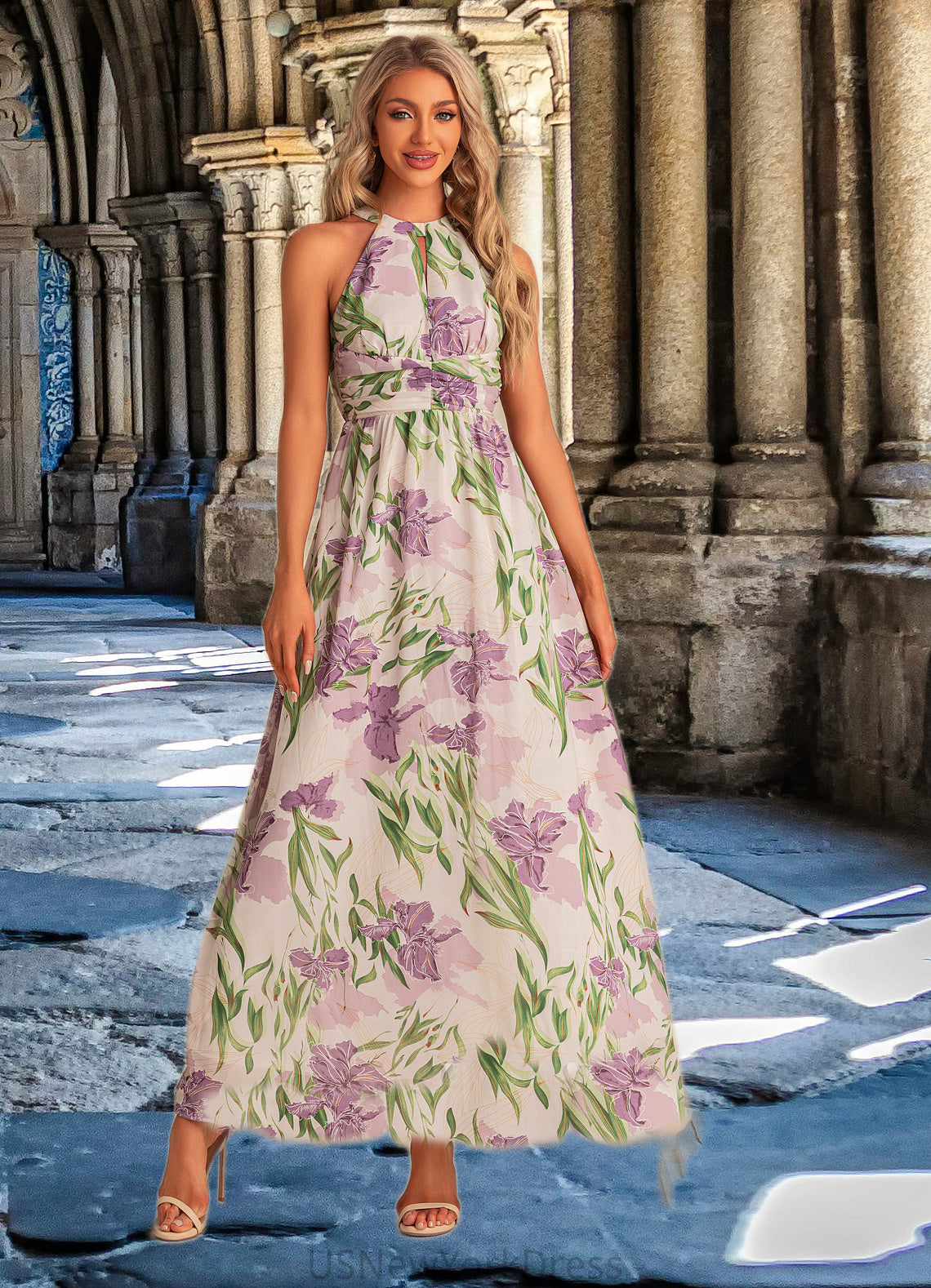 Rayna A-line Halter Floor-Length Chiffon Bridesmaid Dress With Floral Print DJP0022565