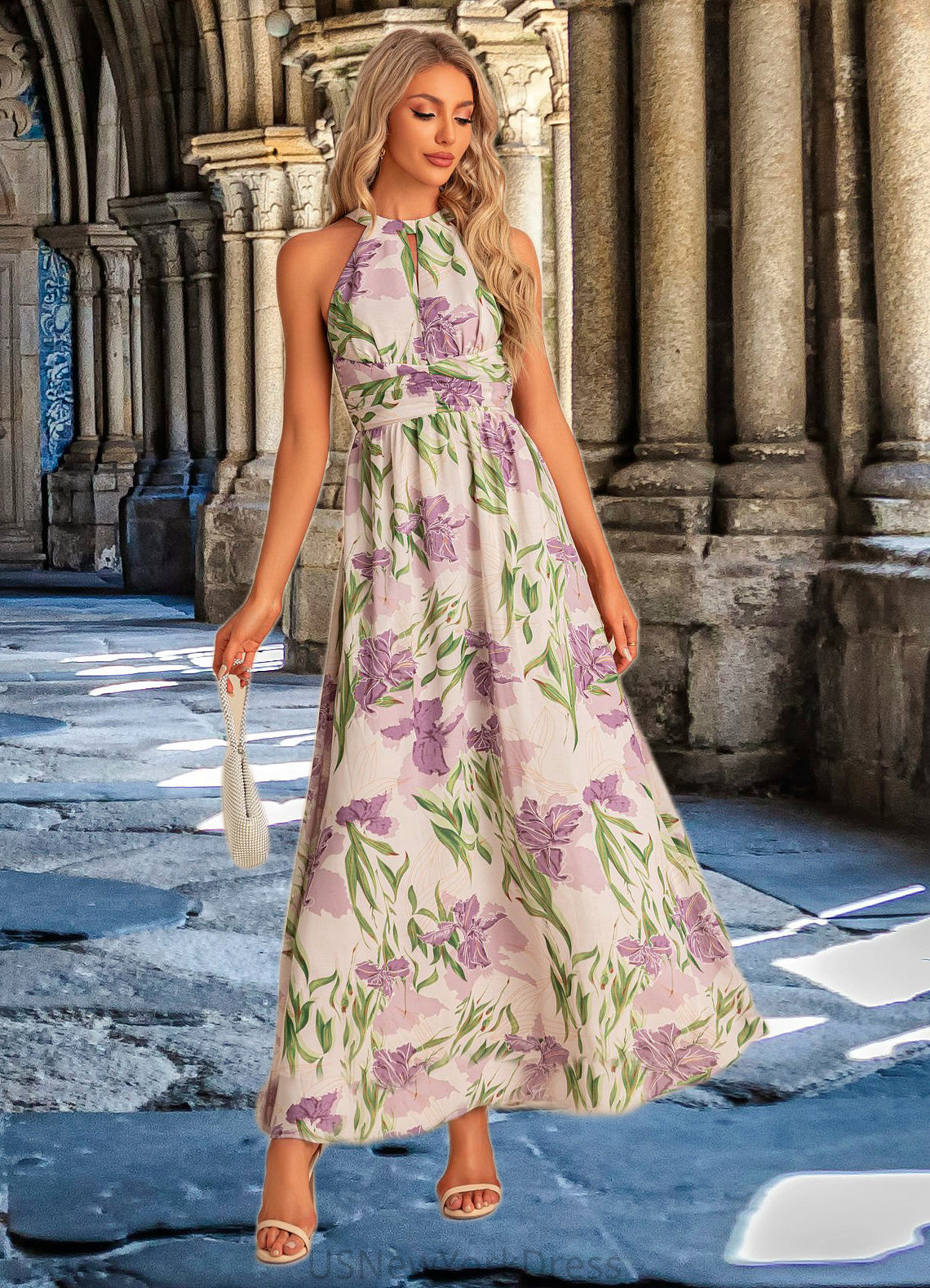 Rayna A-line Halter Floor-Length Chiffon Bridesmaid Dress With Floral Print DJP0022565