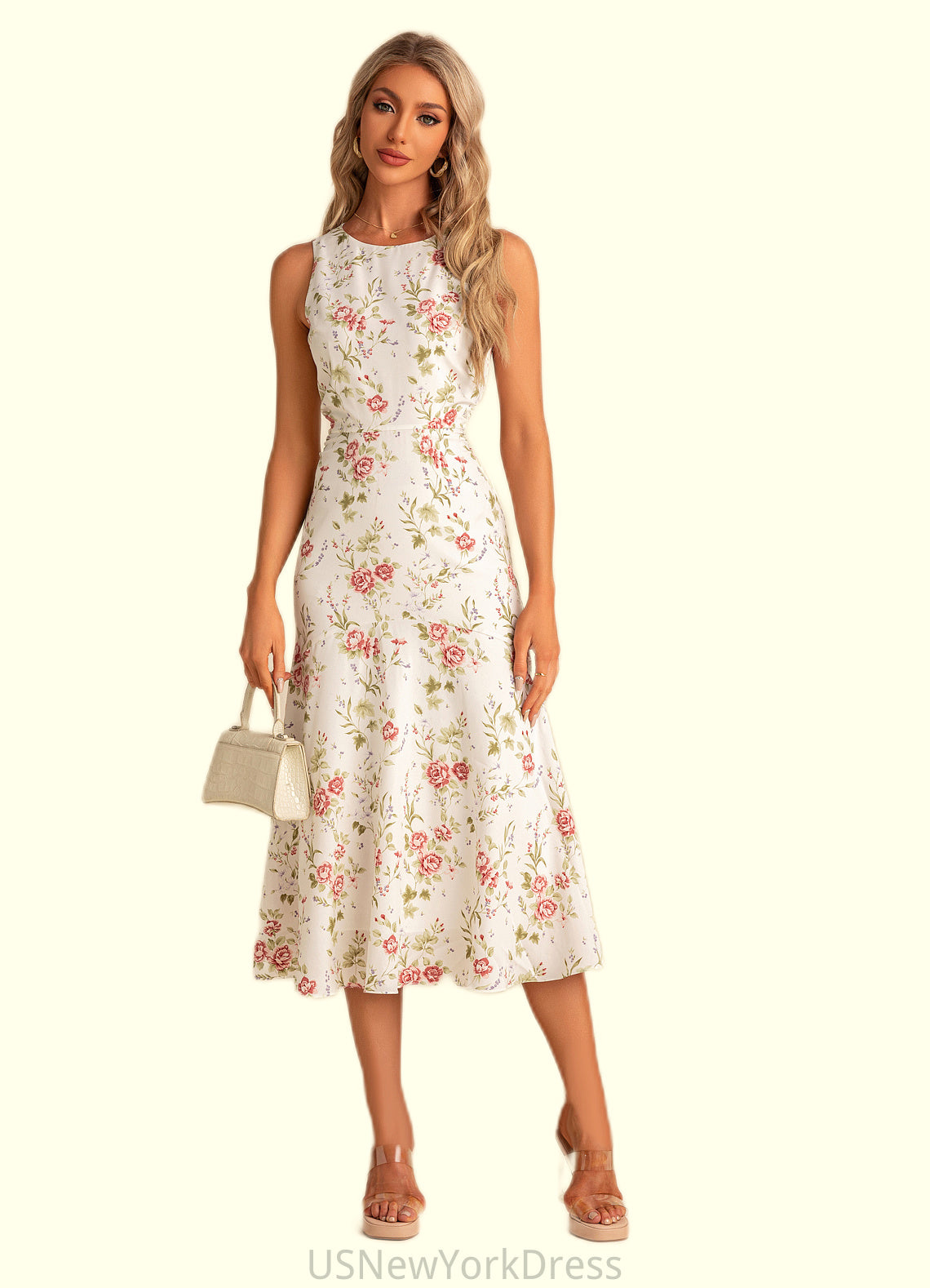 Gladys Trumpet/Mermaid Scoop Tea-Length Polyester Bridesmaid Dress With Floral Print DJP0022566