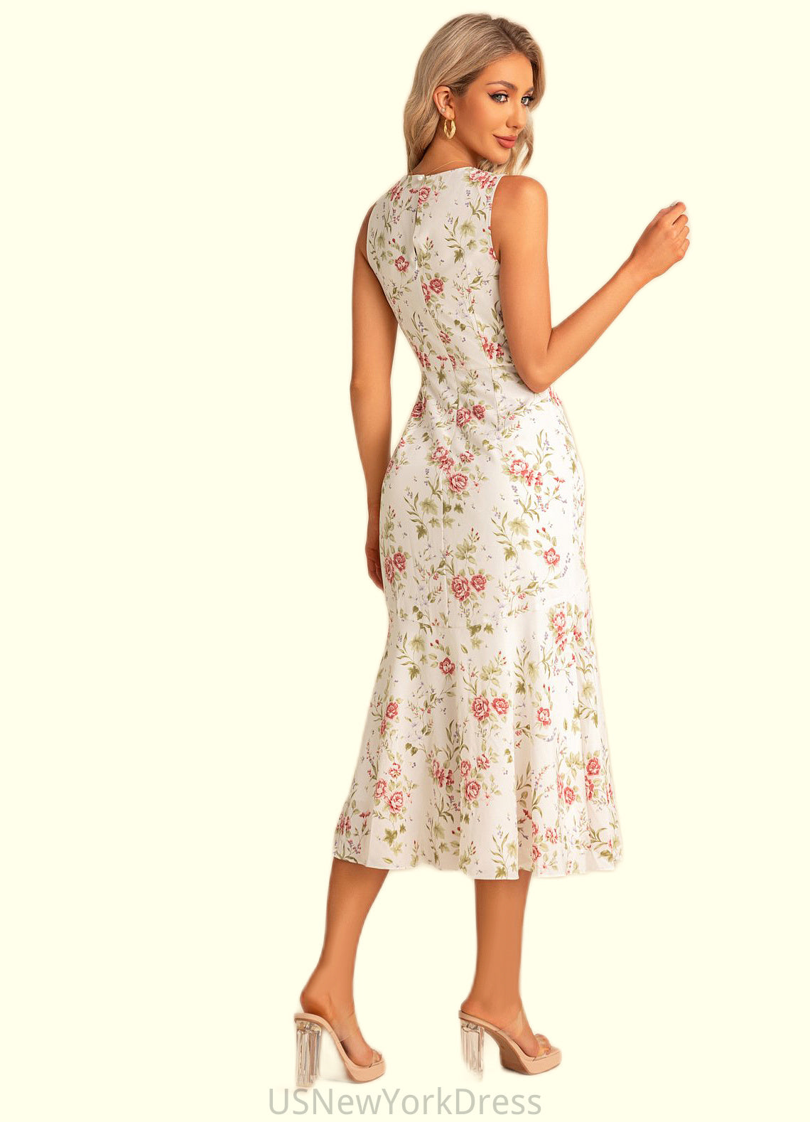 Gladys Trumpet/Mermaid Scoop Tea-Length Polyester Bridesmaid Dress With Floral Print DJP0022566