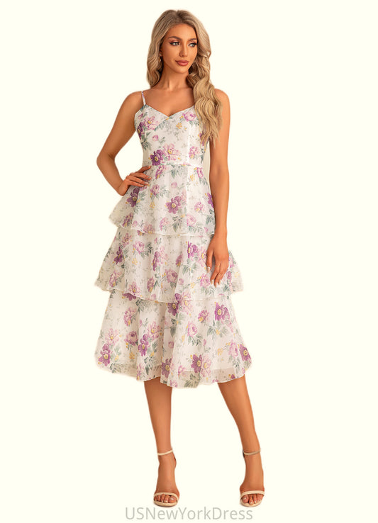 Alexia A-line V-Neck Tea-Length Chiffon Bridesmaid Dress With Cascading Ruffles Floral Print DJP0022567