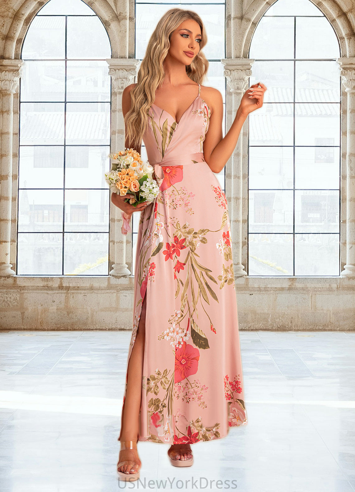 Janelle A-line V-Neck Floor-Length Asymmetrical Satin Bridesmaid Dress With Floral Print DJP0022568