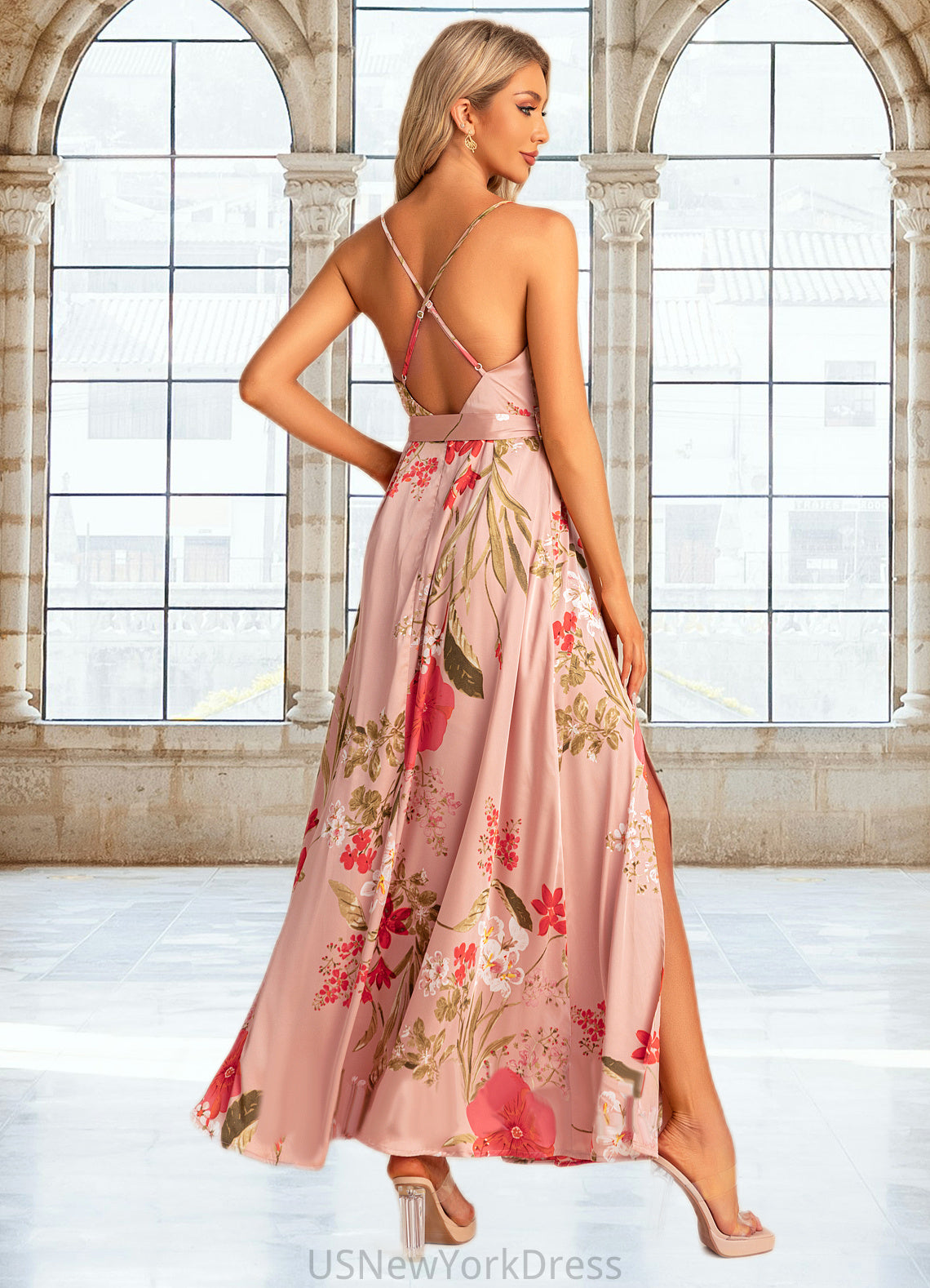 Janelle A-line V-Neck Floor-Length Asymmetrical Satin Bridesmaid Dress With Floral Print DJP0022568