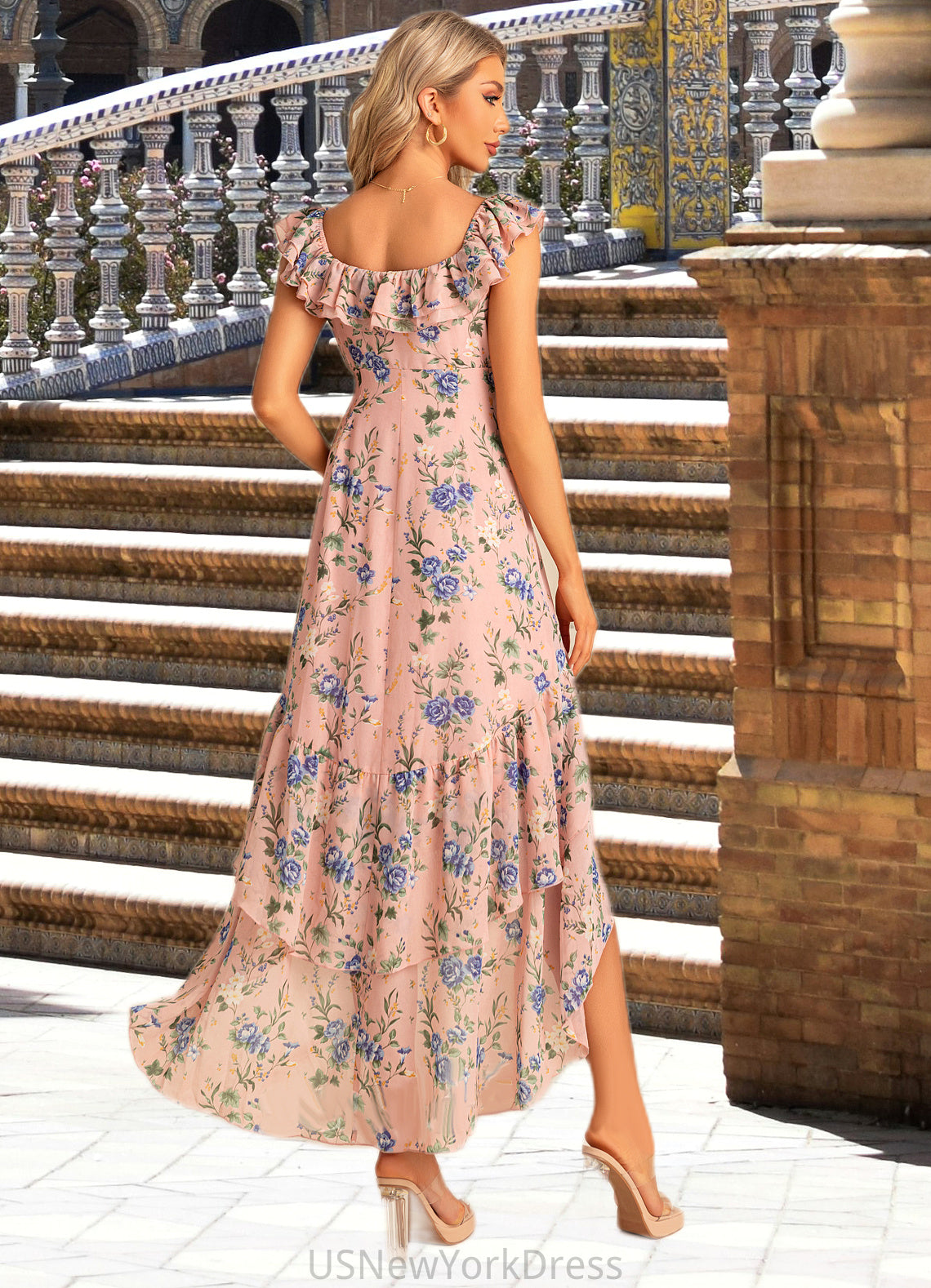 Samara Trumpet/Mermaid Scoop Straight Floor-Length Asymmetrical Chiffon Bridesmaid Dress With Ruffle Floral Print DJP0022569