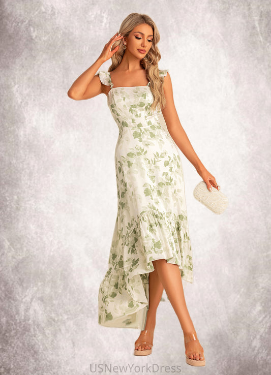 Josie A-line Straight Floor-Length Asymmetrical Satin Bridesmaid Dress With Ruffle Floral Print DJP0022571