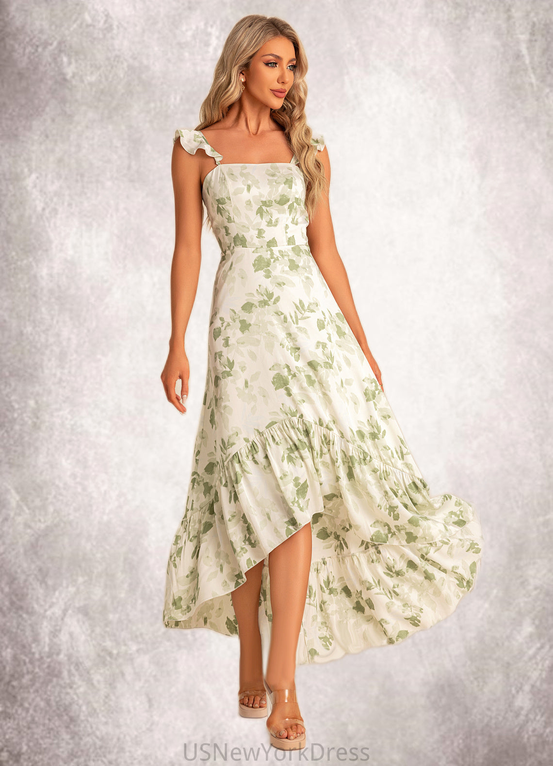 Josie A-line Straight Floor-Length Asymmetrical Satin Bridesmaid Dress With Ruffle Floral Print DJP0022571