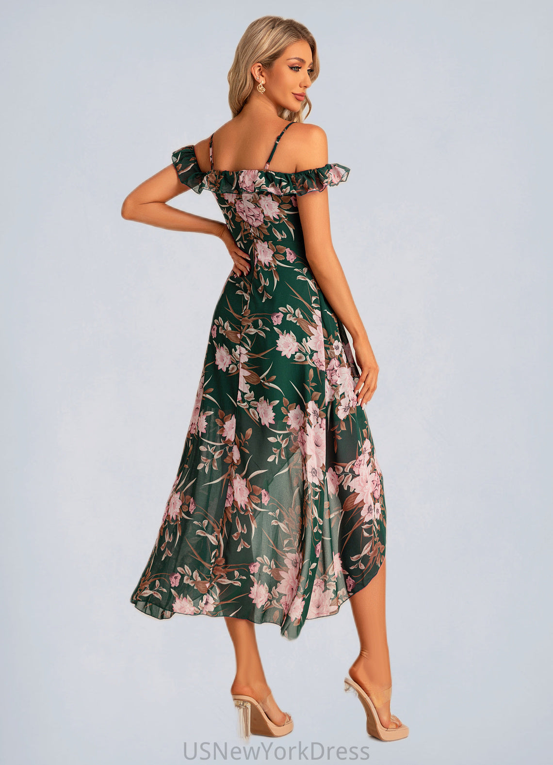 Micaela A-line Sweetheart Tea-Length Asymmetrical Chiffon Bridesmaid Dress With Floral Print Ruffle DJP0022572