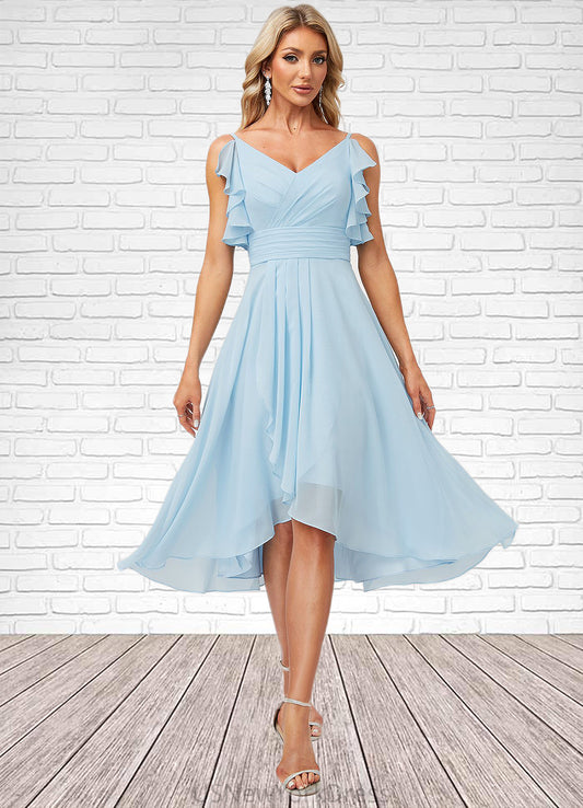 Abagail A-line V-Neck Floor-Length Chiffon Bridesmaid Dress With Ruffle DJP0022573