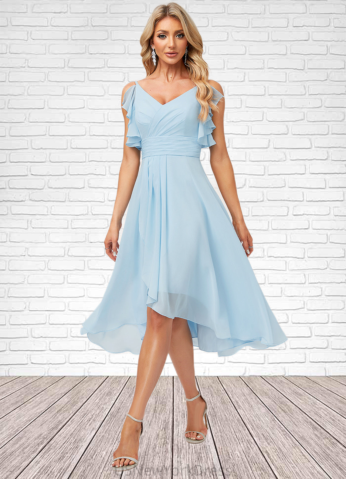 Abagail A-line V-Neck Floor-Length Chiffon Bridesmaid Dress With Ruffle DJP0022573
