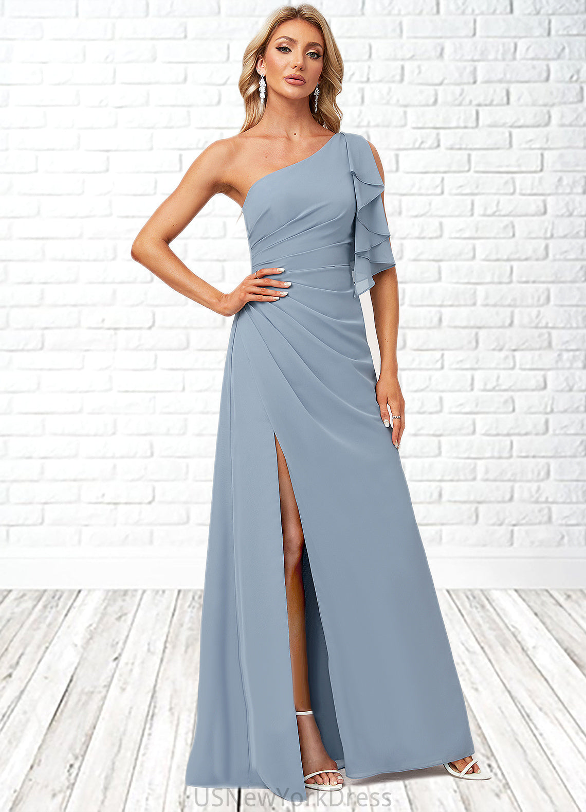 Ally A-line One Shoulder Floor-Length Chiffon Bridesmaid Dress With Ruffle DJP0022576