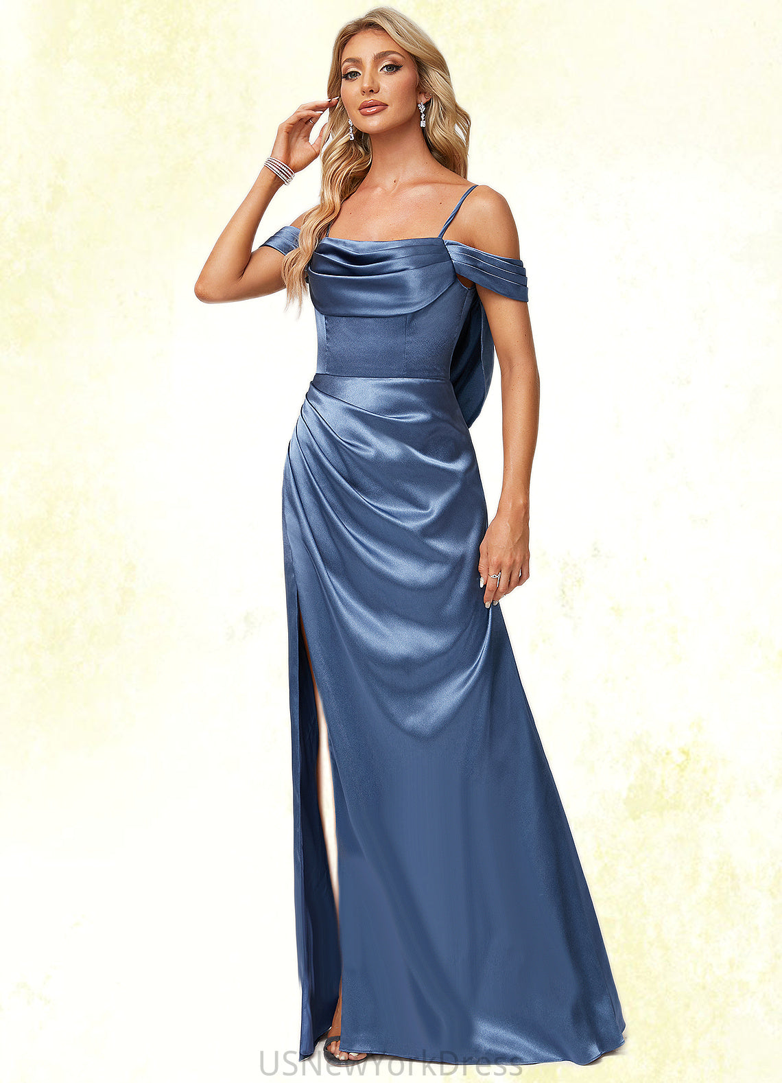 Rayna A-line Cold Shoulder Floor-Length Stretch Satin Bridesmaid Dress With Ruffle DJP0022578
