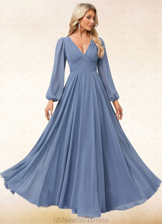 Abagail A-line V-Neck Floor-Length Chiffon Bridesmaid Dress DJP0022579