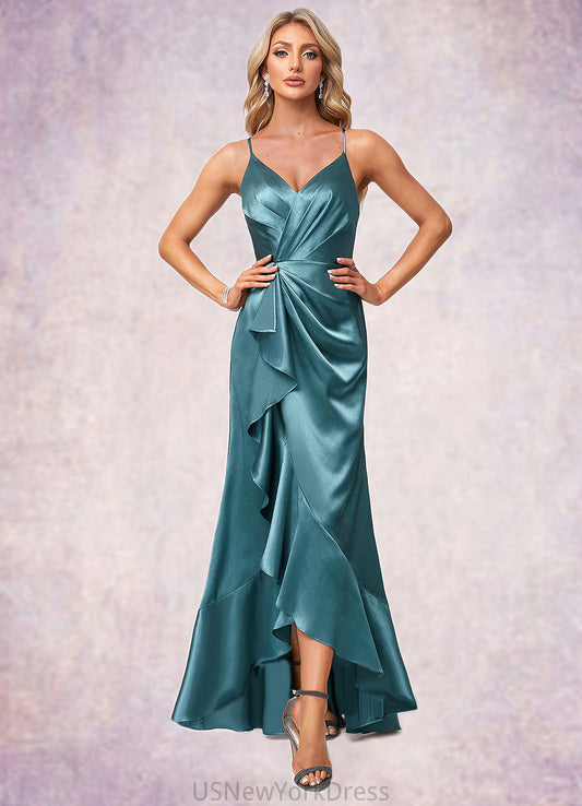 Penelope A-line V-Neck Asymmetrical Stretch Satin Bridesmaid Dress With Ruffle DJP0022584