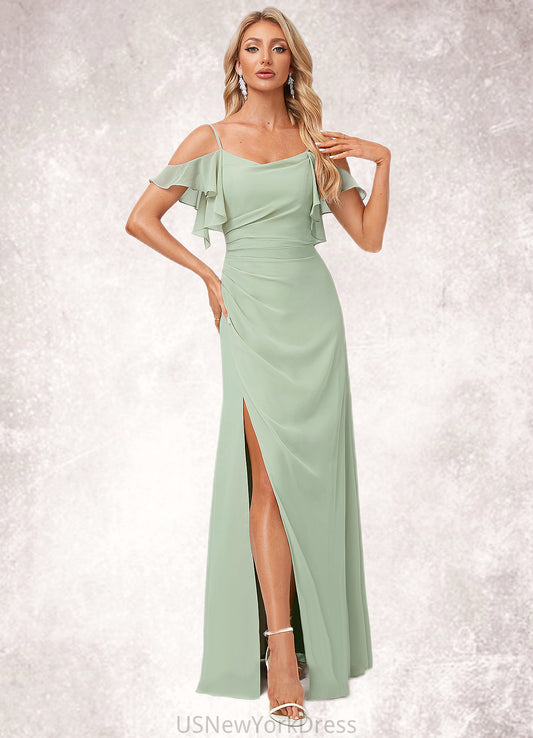 Jasmin A-line Cold Shoulder Floor-Length Chiffon Bridesmaid Dress With Ruffle DJP0022586