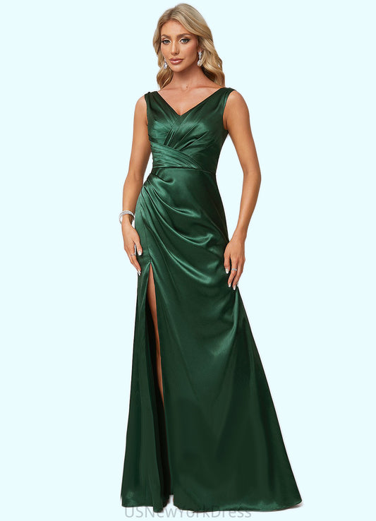 Virginia A-line V-Neck Floor-Length Stretch Satin Bridesmaid Dress DJP0022590