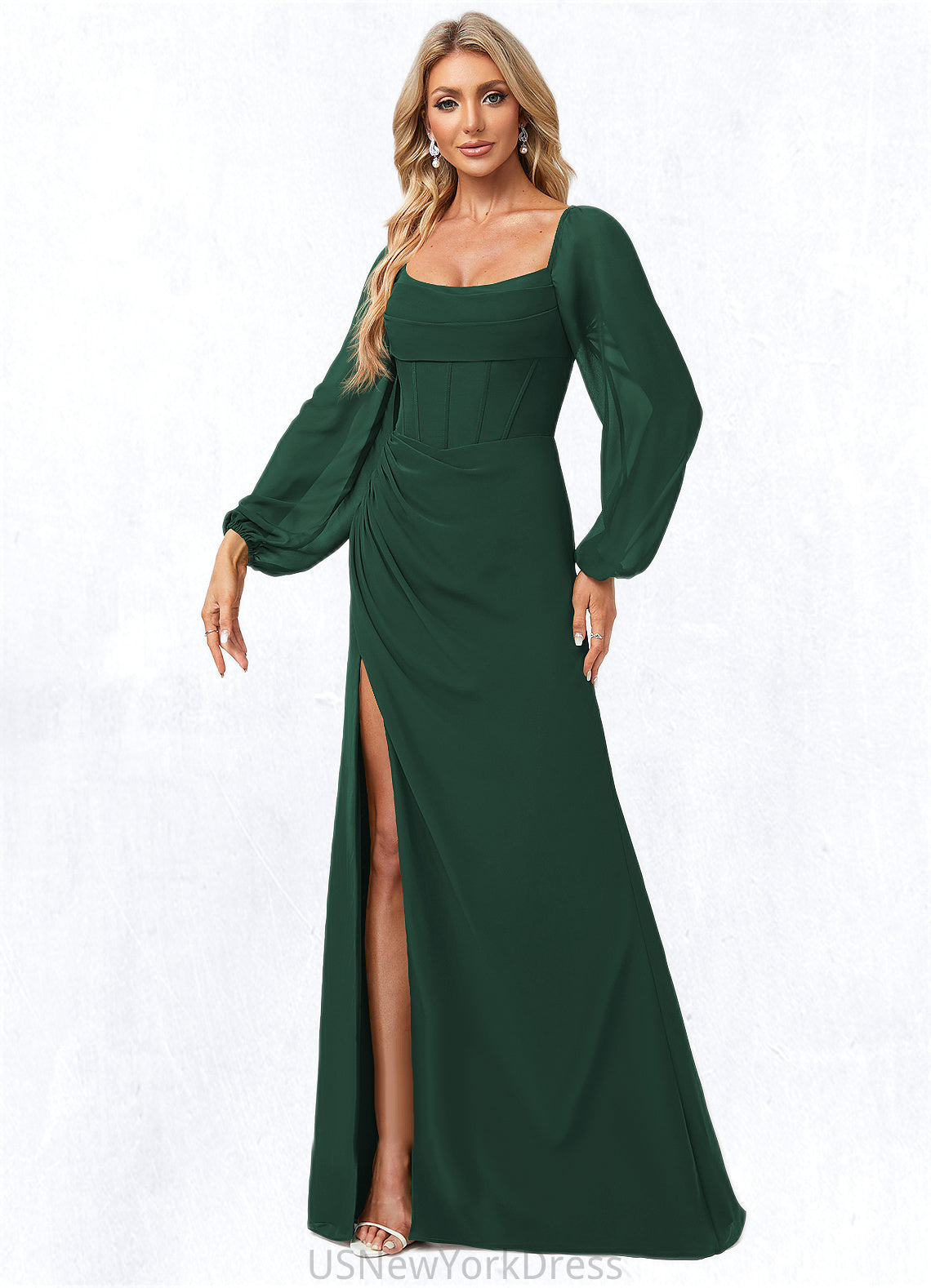 Evangeline A-line Scoop Floor-Length Chiffon Bridesmaid Dress DJP0022593