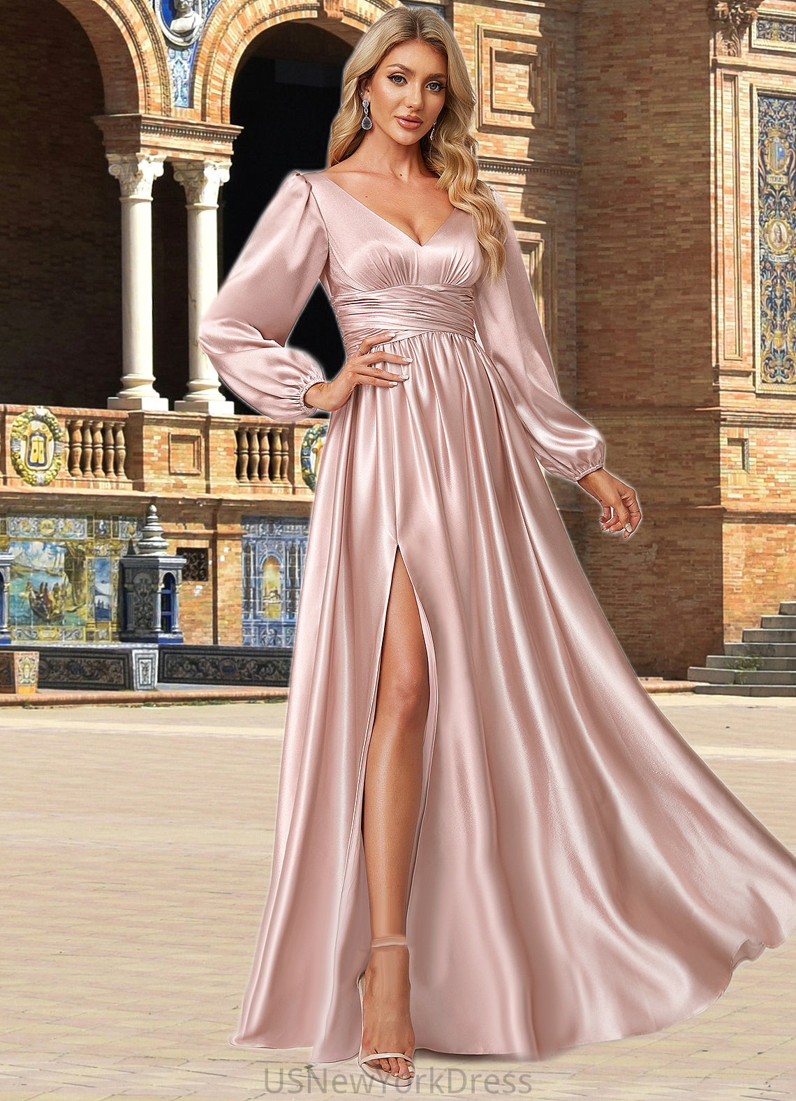 Maritza A-line V-Neck Floor-Length Stretch Satin Bridesmaid Dress DJP0022597