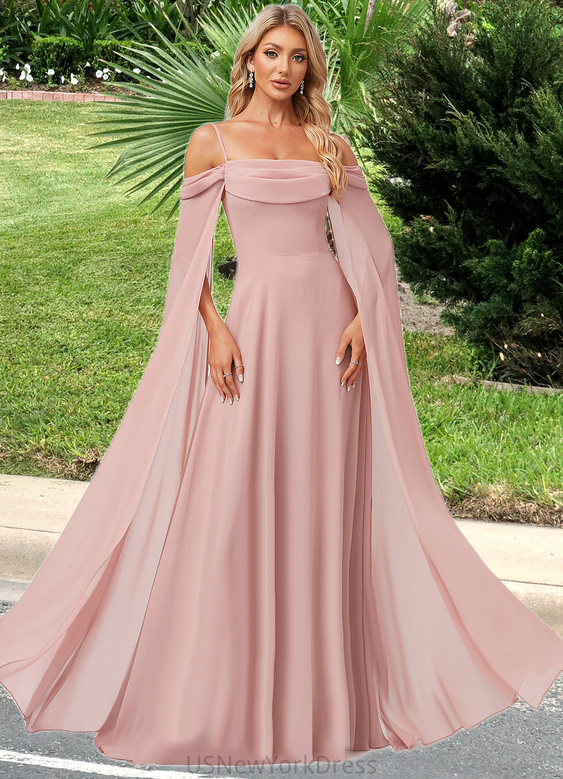 Myla A-line Cold Shoulder Square Floor-Length Chiffon Bridesmaid Dress With Ruffle DJP0022598