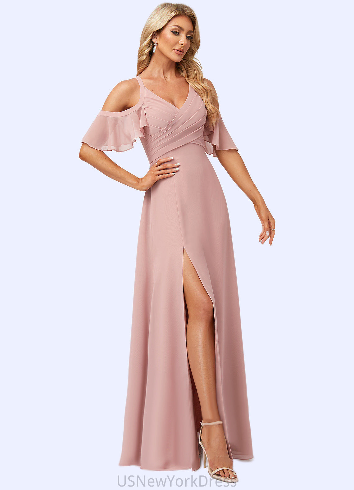 Frederica A-line Cold Shoulder Floor-Length Chiffon Bridesmaid Dress With Ruffle DJP0022599