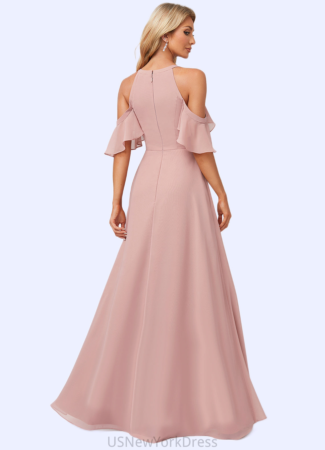 Frederica A-line Cold Shoulder Floor-Length Chiffon Bridesmaid Dress With Ruffle DJP0022599