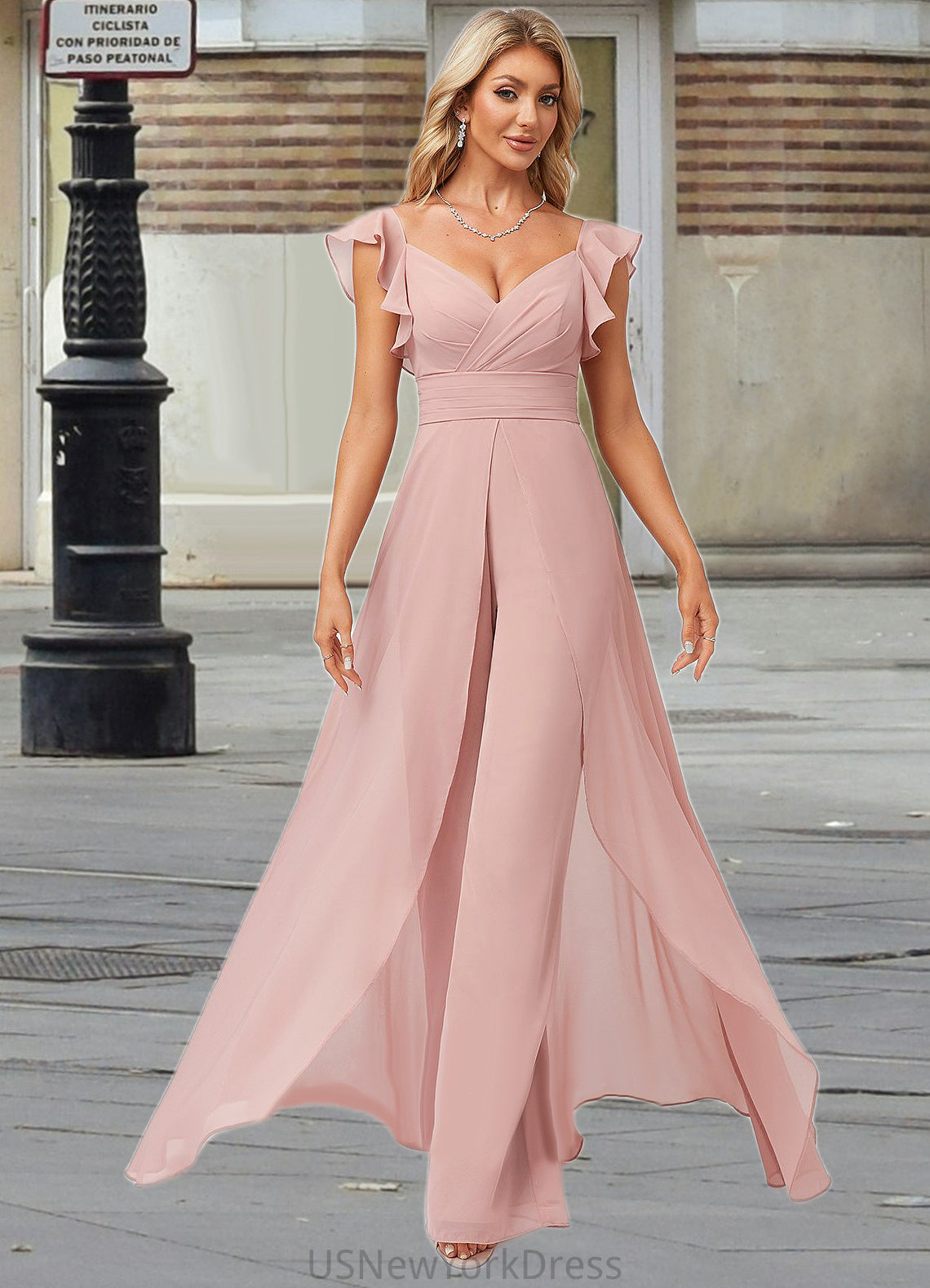 Everleigh Jumpsuit/Pantsuit V-Neck Floor-Length Chiffon Bridesmaid Dress With Ruffle DJP0022600