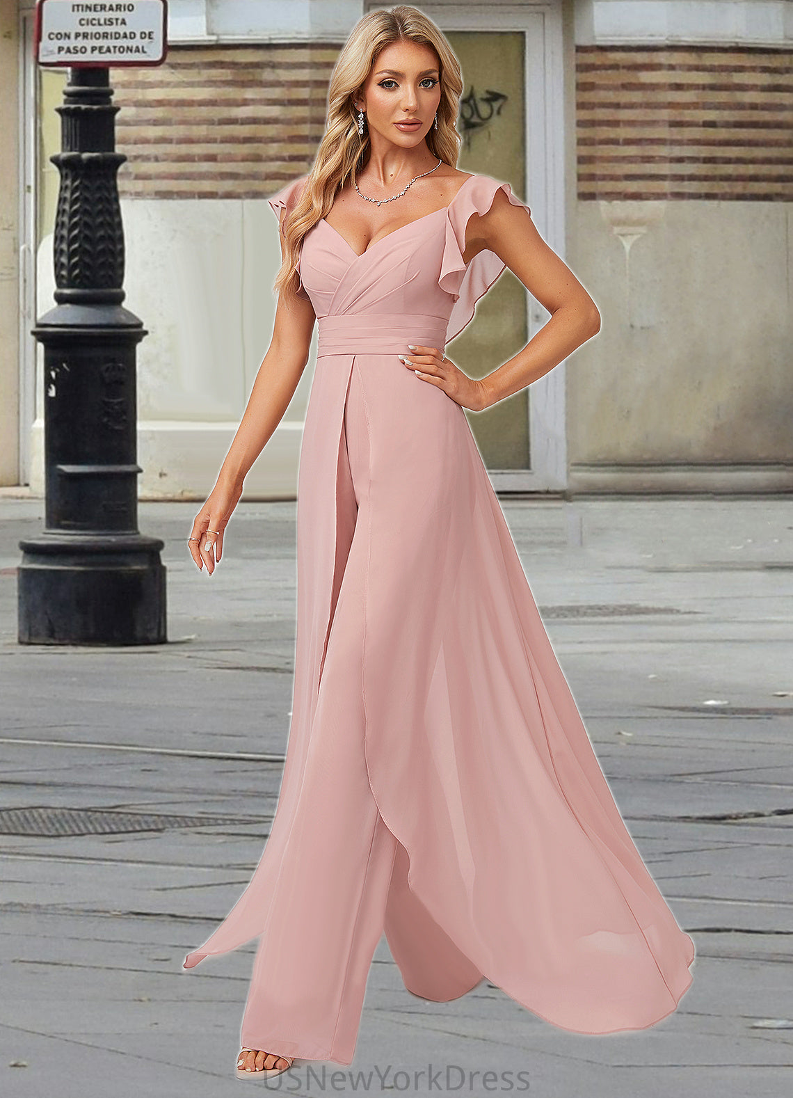 Everleigh Jumpsuit/Pantsuit V-Neck Floor-Length Chiffon Bridesmaid Dress With Ruffle DJP0022600