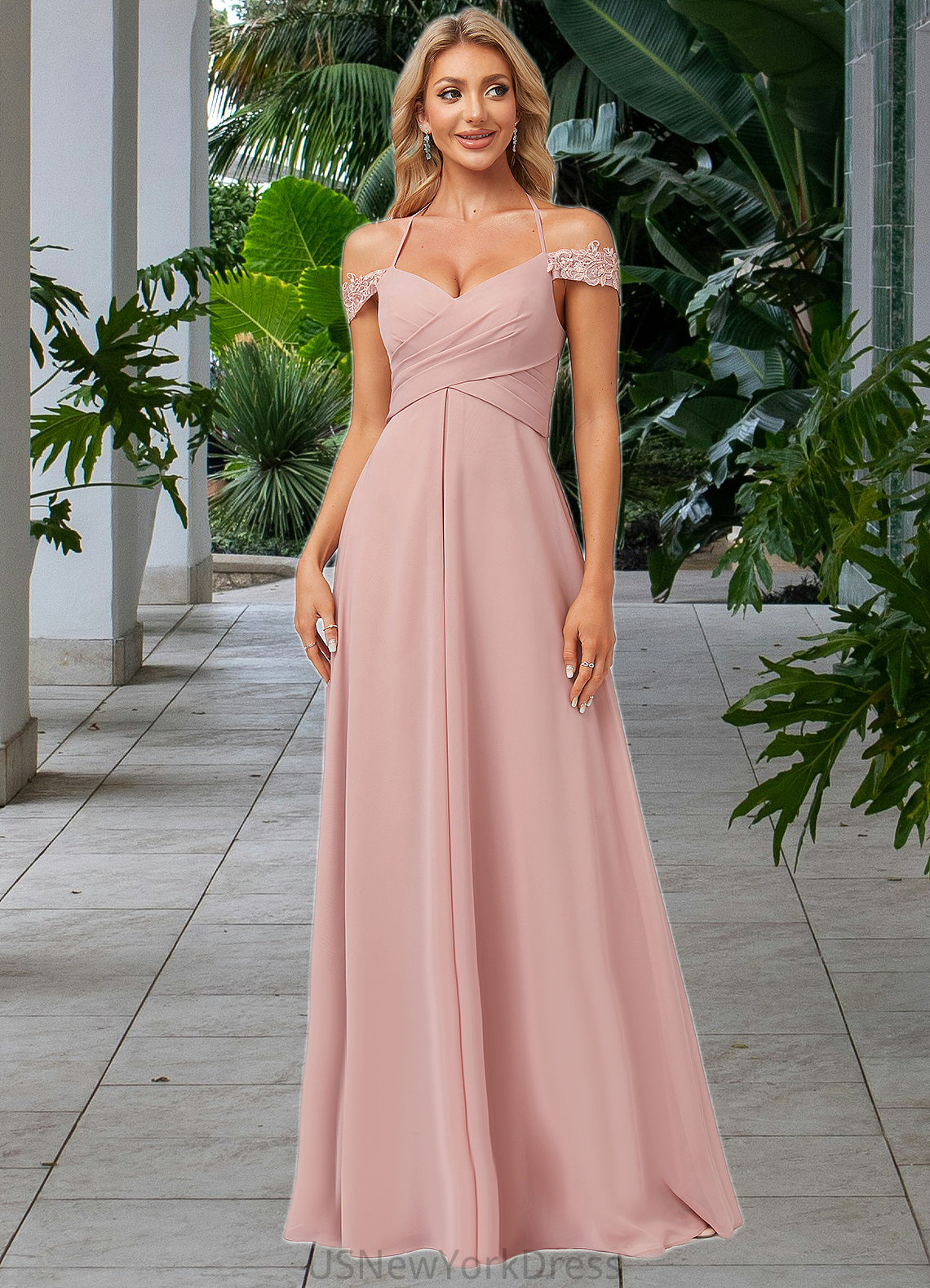Meadow A-line Cold Shoulder Halter Floor-Length Chiffon Lace Bridesmaid Dress DJP0022601