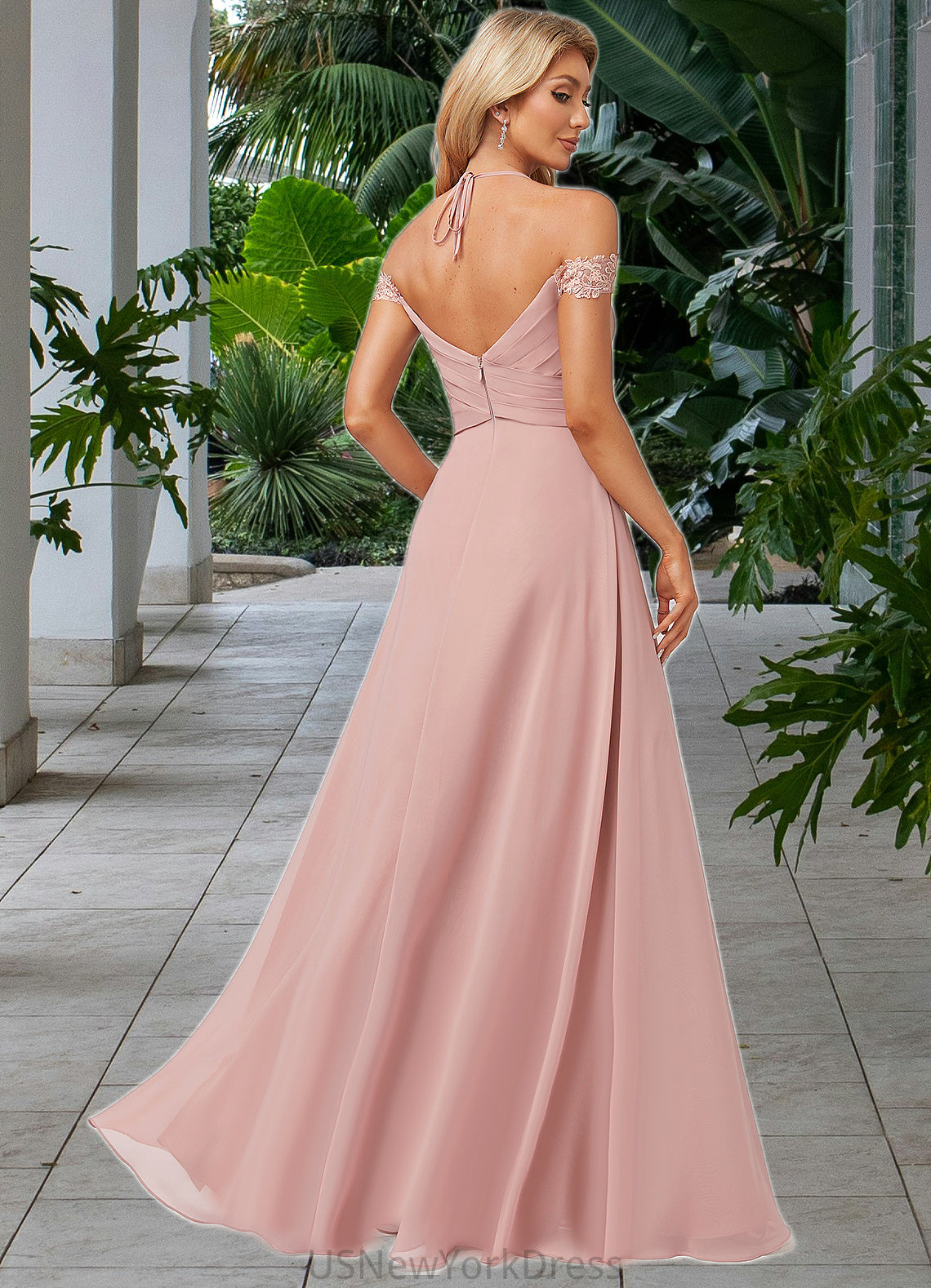 Meadow A-line Cold Shoulder Halter Floor-Length Chiffon Lace Bridesmaid Dress DJP0022601