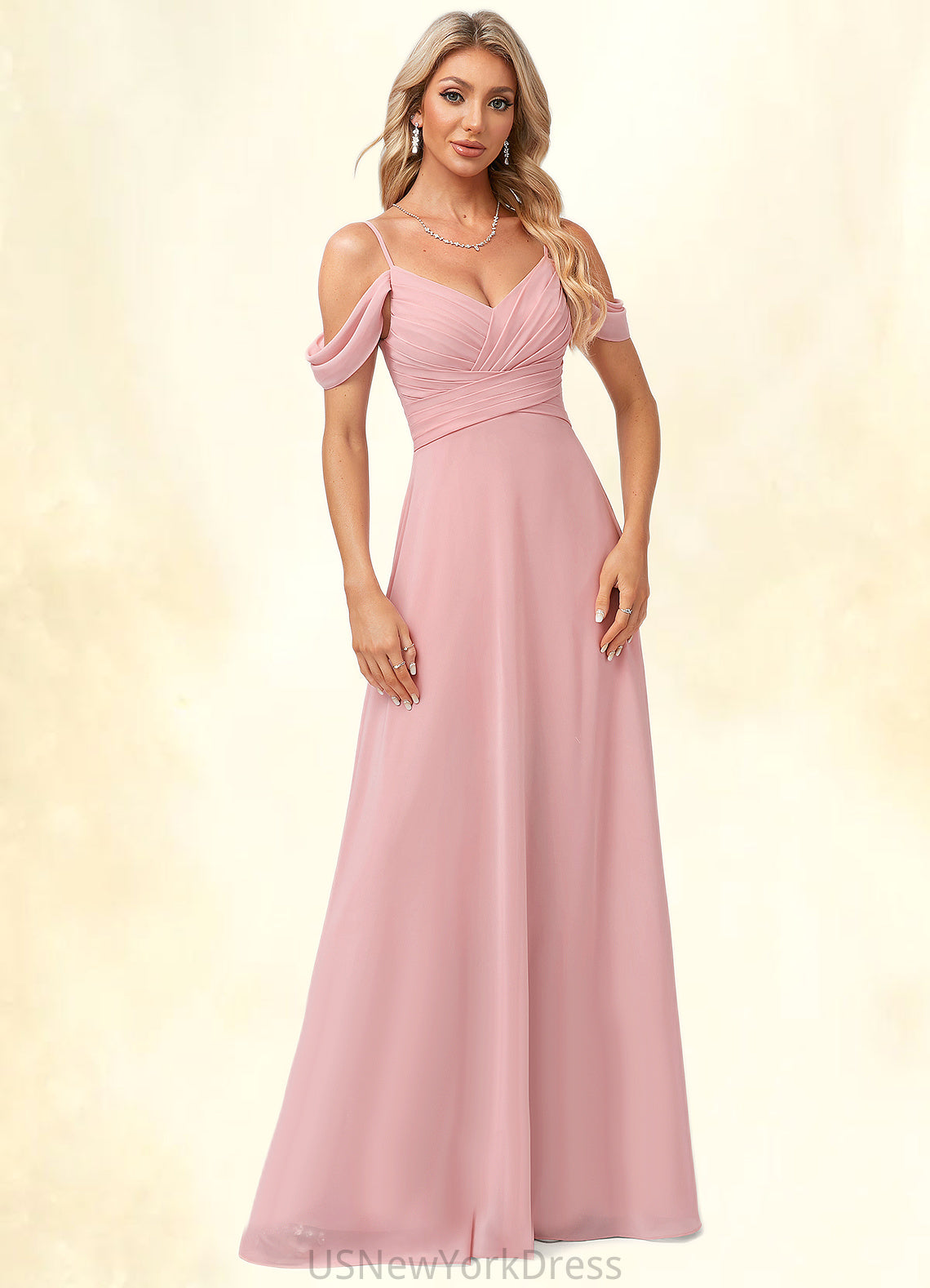 Ariella A-line Cold Shoulder Floor-Length Chiffon Bridesmaid Dress DJP0022602