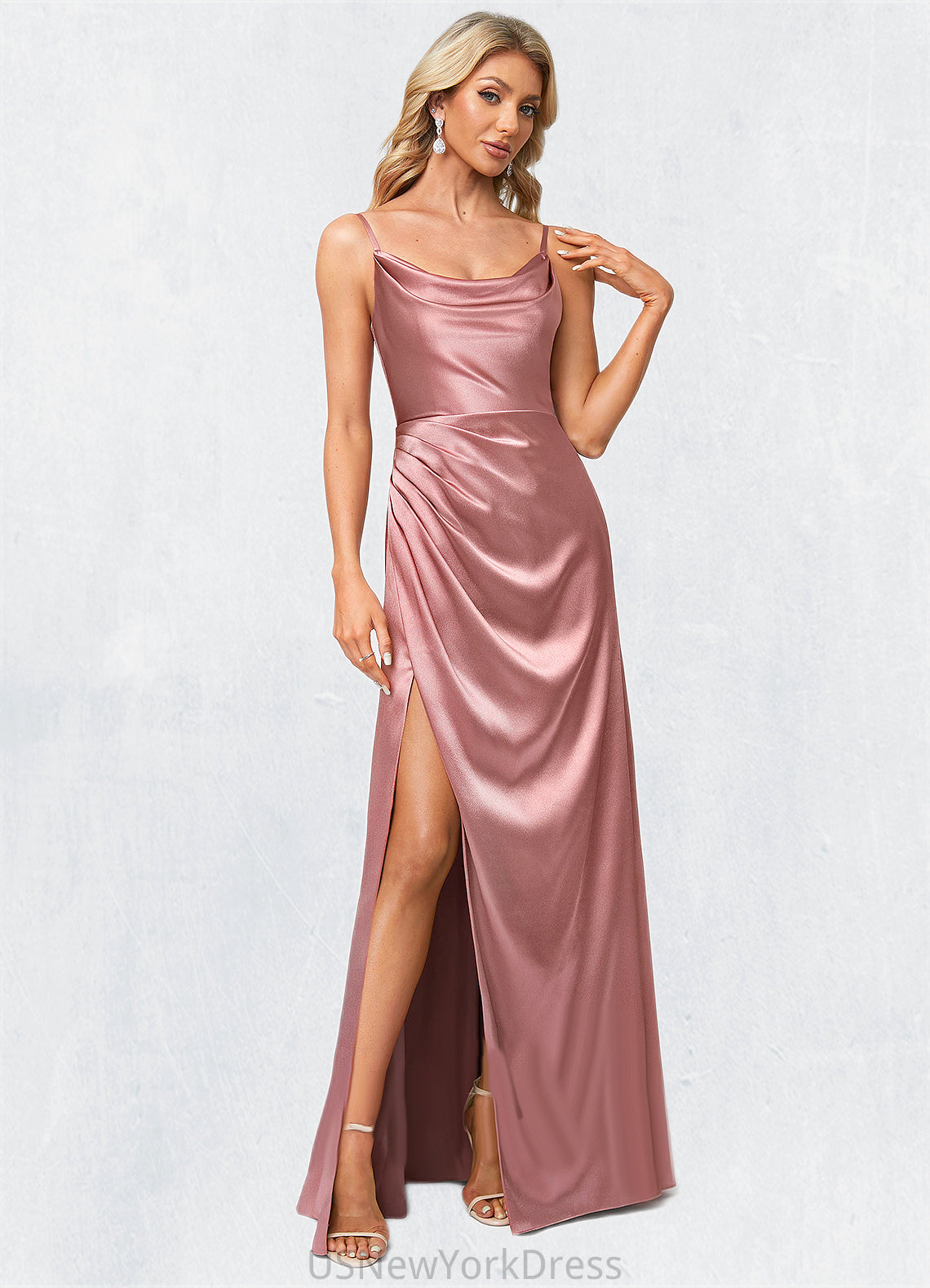 Thea A-line Cowl Floor-Length Stretch Satin Bridesmaid Dress DJP0022603