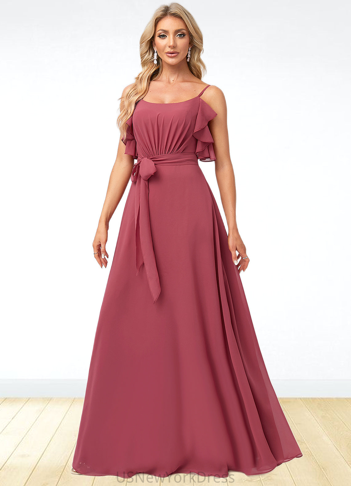 Sonia A-line V-Neck Floor-Length Chiffon Bridesmaid Dress With Ruffle DJP0022604