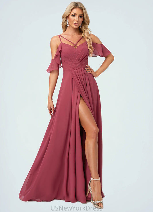 Cherish A-line Cold Shoulder Floor-Length Chiffon Bridesmaid Dress With Ruffle DJP0022605