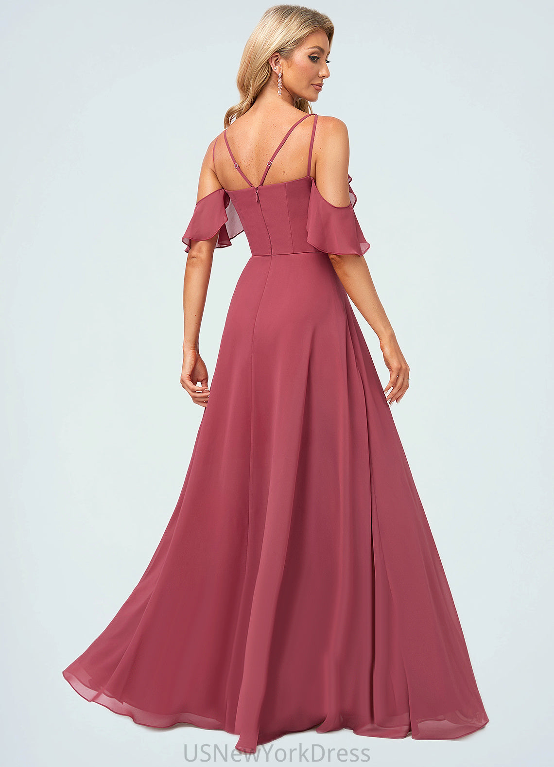 Cherish A-line Cold Shoulder Floor-Length Chiffon Bridesmaid Dress With Ruffle DJP0022605
