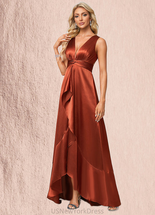 Ashlee A-line V-Neck Asymmetrical Stretch Satin Bridesmaid Dress With Ruffle DJP0022606