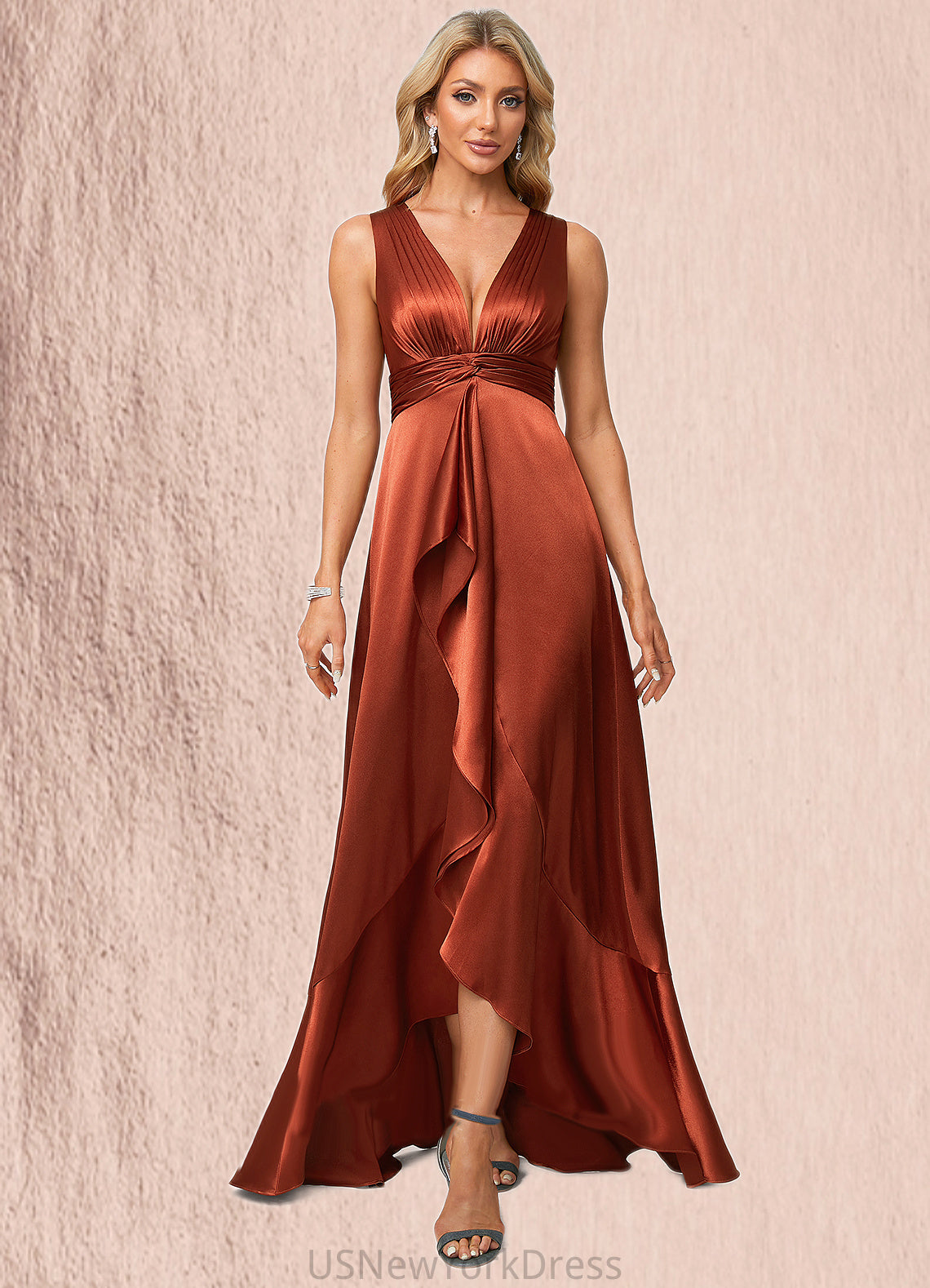Ashlee A-line V-Neck Asymmetrical Stretch Satin Bridesmaid Dress With Ruffle DJP0022606