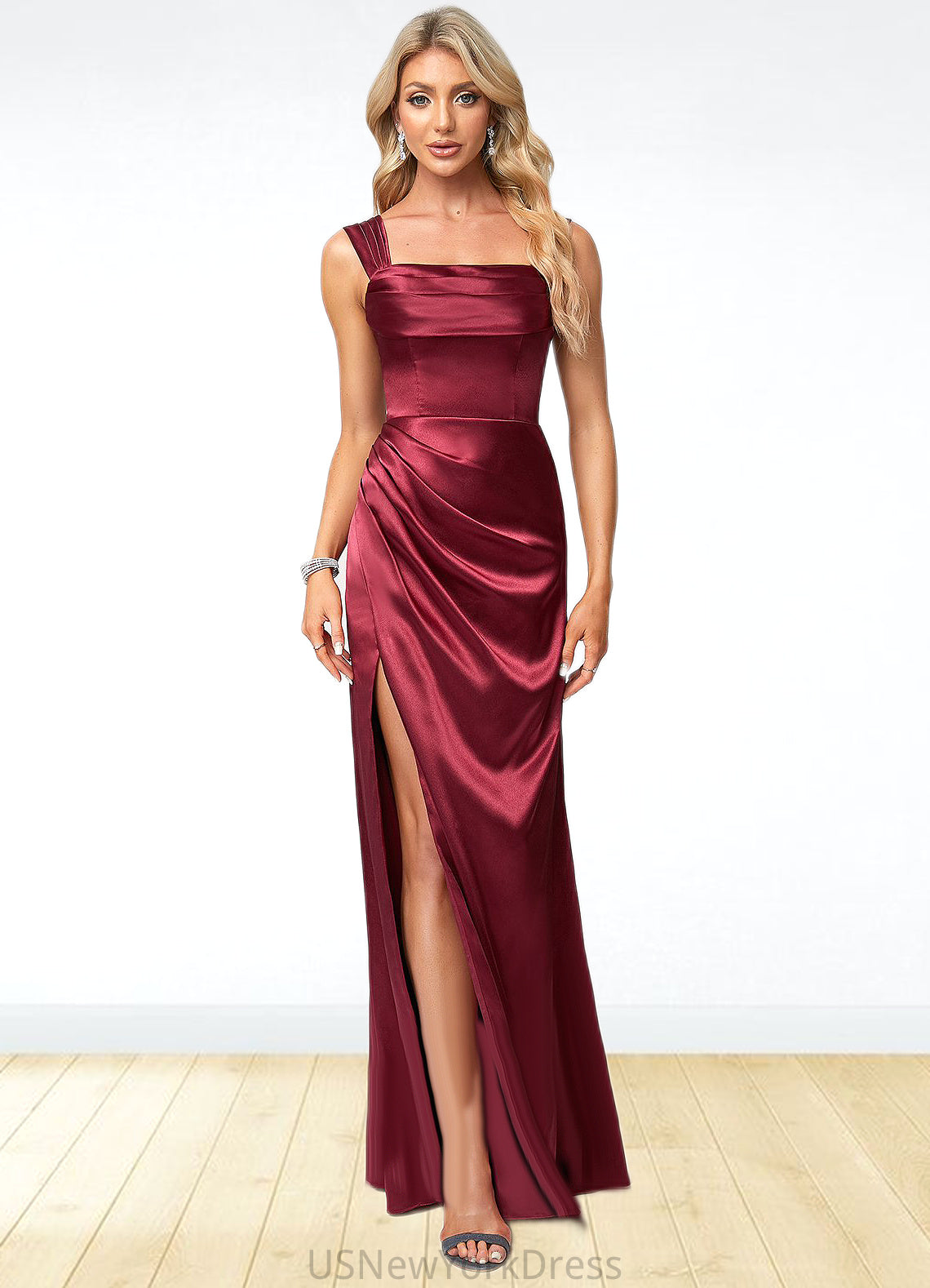 Donna A-line Square Floor-Length Stretch Satin Bridesmaid Dress DJP0022607