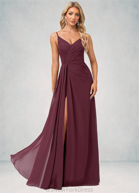 Amiah A-line V-Neck Floor-Length Chiffon Bridesmaid Dress With Ruffle DJP0022611