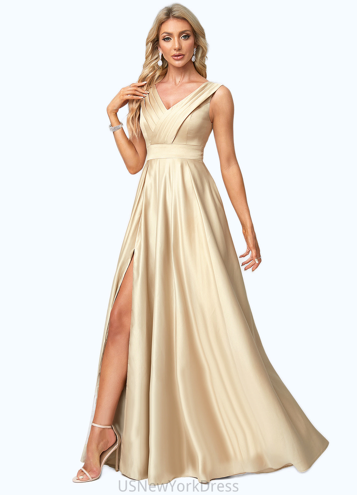 Morgan A-line V-Neck Floor-Length Satin Bridesmaid Dress DJP0022612
