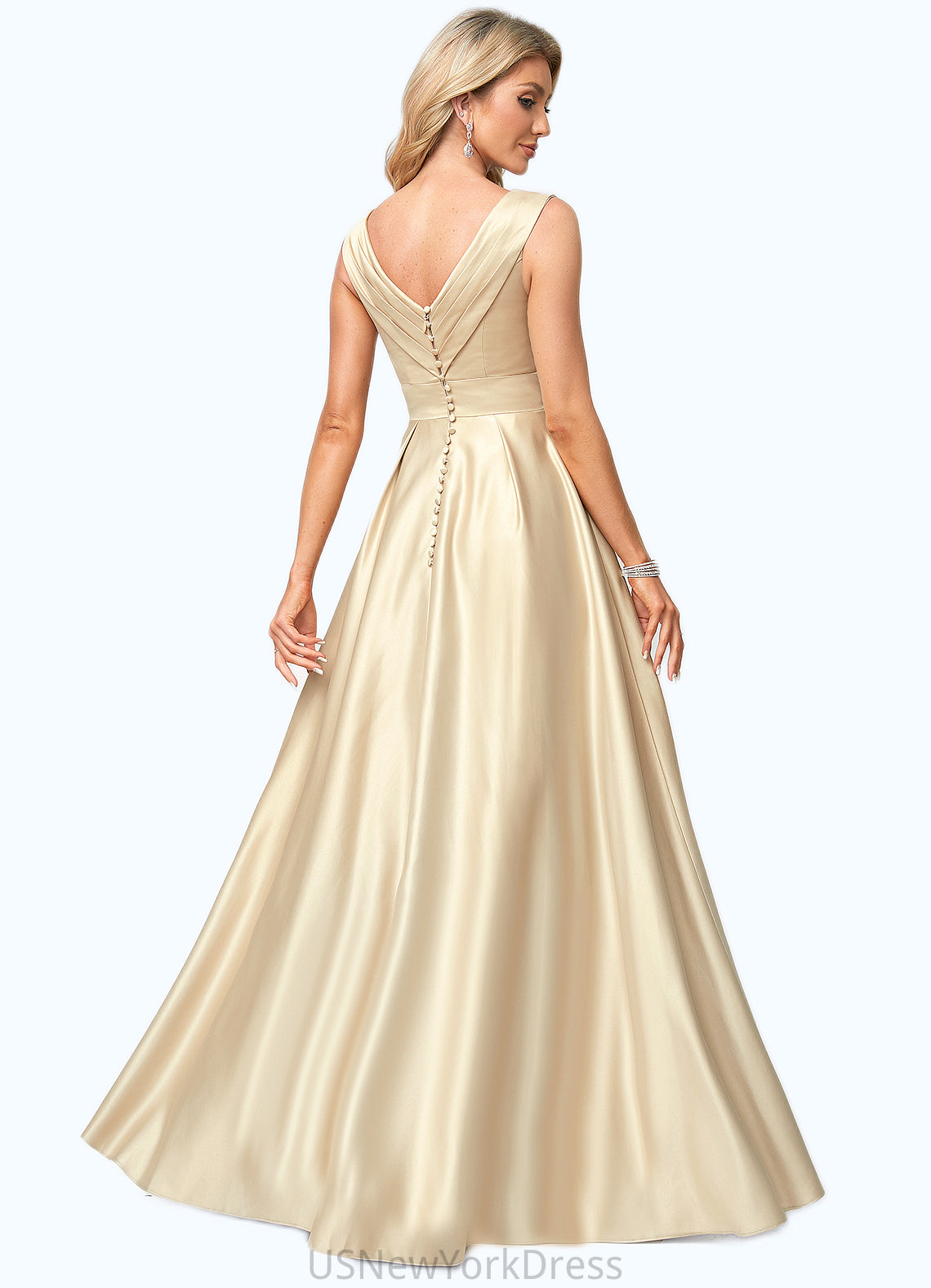 Morgan A-line V-Neck Floor-Length Satin Bridesmaid Dress DJP0022612